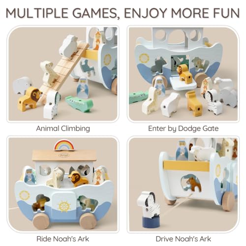 Joyreal Wooden Noah's Ark Toy for 1 Year Old Baby Boy and Girl Baptism Gift - color: Neutral