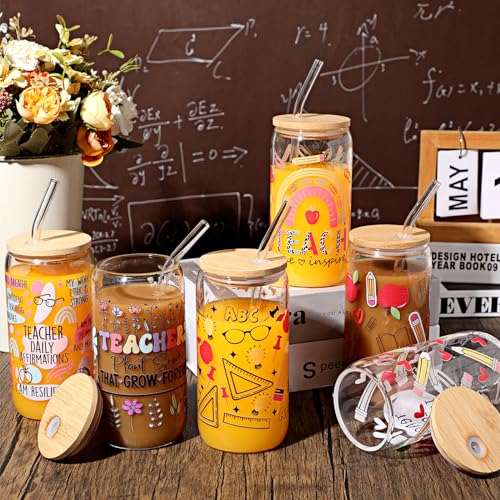 SiliFine 6 Pcs Teacher Pencil Apple Glass Cups, 16 oz with Lids and Straws - style: Inspire
