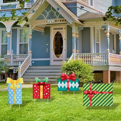 Christmas Yard Sign Decorations Outdoor Christmas Four Gift Boxes Yard Signs with Metal Stakes for Xmas Holiday Party Lawn Sign Garden Decor Outdoor Yard Signs - style: Gift boxes