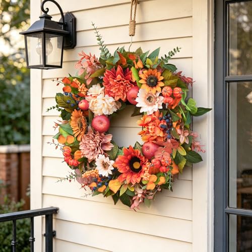 24 Inch Fall Wreaths for Front Door, Apple Wreath Artificial Autumn Wreath - color: Orange3