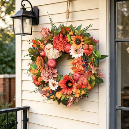24 Inch Fall Wreaths for Front Door, Apple Wreath Artificial Autumn Wreath - color: Orange3