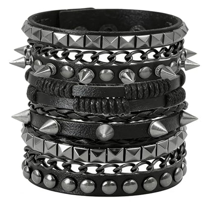 4 Pcs Leather Cuff Bracelets for Men with Spiked Cross Studded Stars Charms - color: Black-Spikes