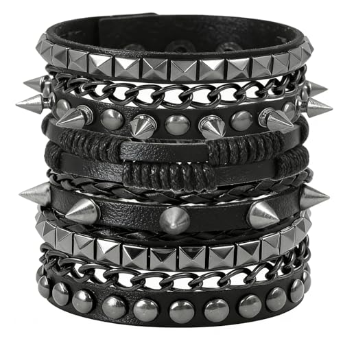4 Pcs Leather Cuff Bracelets for Men with Spiked Cross Studded Stars Charms - color: Black-Spikes