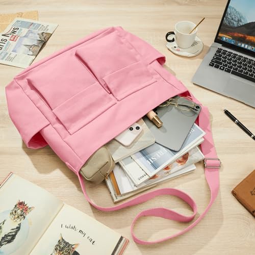 KALIDI Canvas Tote Bag Zipper Large Crossbody Shoulder Bag Messenger Bag - color: Upgraded Pink