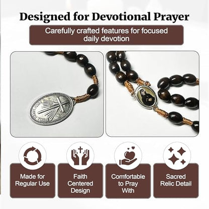 SANCTUM VERITAS Saint Faustina Kowalska True Relic Chaplet Apostle Divine of Mercy Miraculous Medal Jesus I Trust in You Chaplet Three O' Clock Prayer Poland Polish Novena - color: brown
