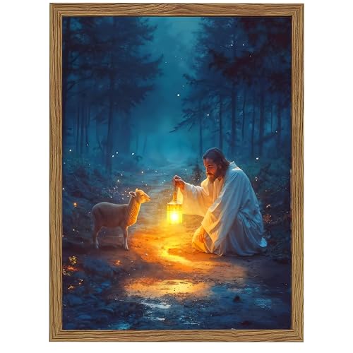Framed Jesus Wall Art, The Good Shepherd Pictures Wall Decor, Jesus and Lost Lamb Lantern Forest Paintings Canvas Prints, Christian Faith Home Decor for Living Room Bedroom Church 16x24 Inch Ready to Hang - color: Jesus with Lantern and Lost Lamb, size: 2