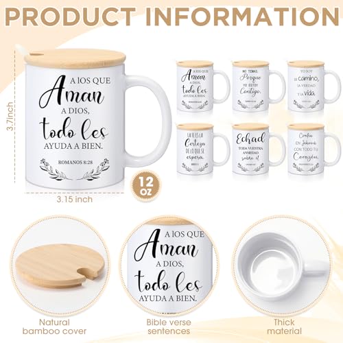 Maxdot 6 Sets Christian Gifts for Women Men Christian Mugs Bulk 12oz Coffee Mug with Lid Handle Spoon Religious Inspirational Scripture Ceramic Cup for Sunday School Vbs Grandparents(Spanish) - style: Spanish