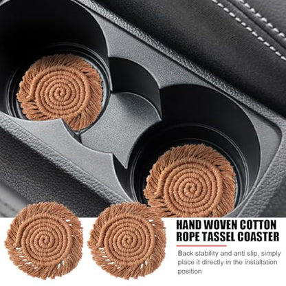 Zpana Car Cup Coaster, 2PCS Cotton Anti Slip Cute Vehicle Cup Holders Mat, 4.72In Handmade Automotive Interior Water Bottle Pad Accessories, Universal for SUV Sedan Truck(Brown) - color: Brown
