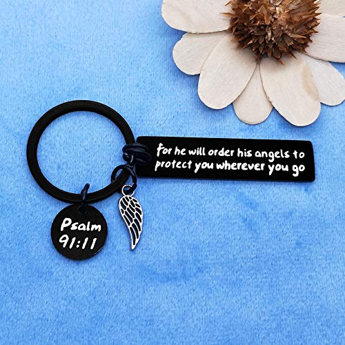 Dabihu Christian Gift Keychain Religious Gift Bible Verse Keyring Baptism Christmas Easter Birthday First Communion Gift - color: For He Will Order His to Protect You Wherever You Go Black Keychain