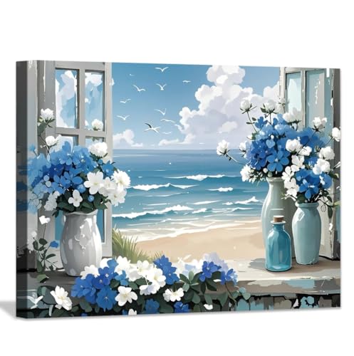 Coastal Flower Bathroom Canvas Wall Art Farmhouse Blue Bathroom Wall Decor - color: Beach Wall Art Canvas Prints (Ready to Hang)