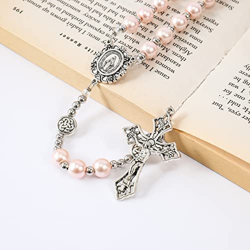 Nazareth Store Pearl Beads Rosary Miraculous Prayer Necklace Strong Metal Mystery Beaded Rosary for Men & Women - color: Pink