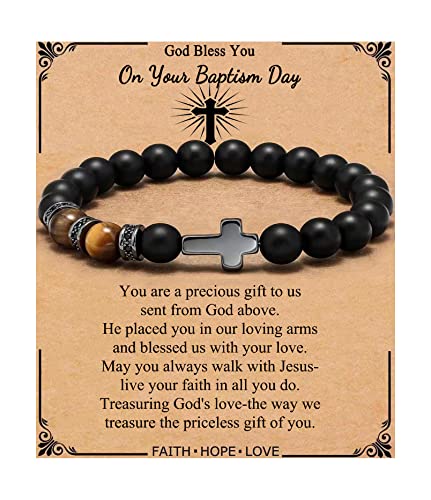 QWNHONEY Cross Bracelet for Men Son Brother Baptism Communion Birthday Anniversary Christmas Christian Black Tiger Eyes Bead - style: On your Baptism day