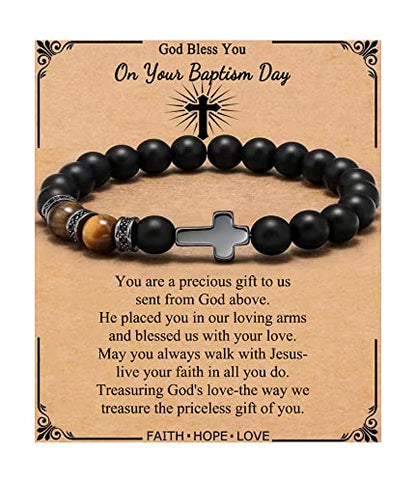 QWNHONEY Cross Bracelet for Men Son Brother Baptism Communion Birthday Anniversary Christmas Christian Black Tiger Eyes Bead - style: On your Baptism day