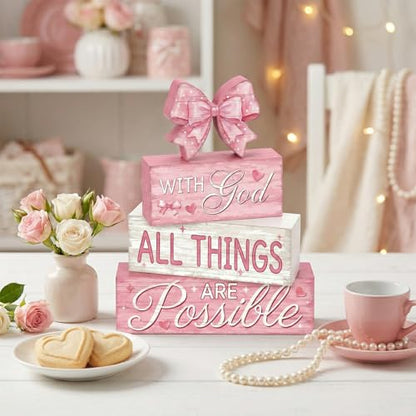 Britimes Tiered Tray Decor Set, 4 Pack, Wooden Table Sign, Pink Bow - style: Pink Bow