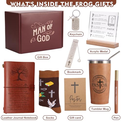 Pastor Appreciation Gifts for Men Christian Pastor Gifts Unique Pastor Gift for Pastors Including Leather Journal Tumbler Keychain Socks Acrylic Medal Pen Bookmarks Card for Birthday Christmas