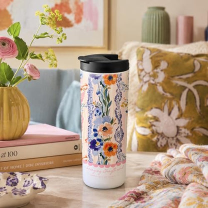Stainless Steel Insulated Travel Mug – Double-Wall Vacuum Tumbler with Leak-Proof Lid & Silicone Base – Jeremiah 30:17 & Isaiah 41:10 "Bringing Strength" Faith Design – Orange Poppy & Navy Floral - style: Bringing Faith
