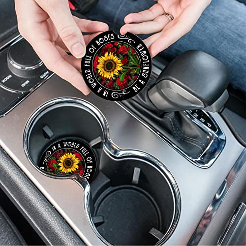 Car Coasters 2 Pack, Small 2.56" Stone Car Cupholder Absorbent Coaster Set for Women Men Drink Cup Holder Coasters (Sunflower&Roses) - color: Sunflower&roses