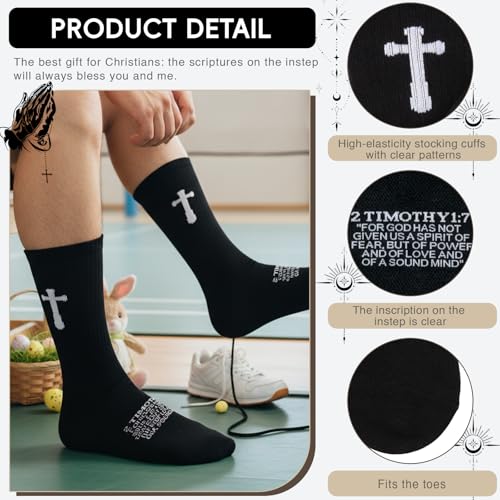 Unisex Cross Socks,Gifts for Christian On Easter and Christmas - color: 2 Timothy 1:7 - Black