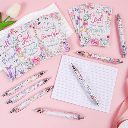 Wxiben Christian Inspirational Gifts Bulk - 24PCS Bible Verse Pens Scripture Notebooks Floral Motivational Ballpoint Pens Set Positive Religious Easter Gift for Women Men Church Sunday School Teacher - style: Christian Inspirational