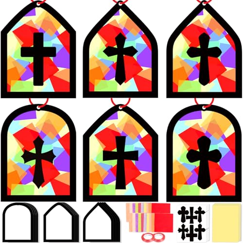 40PCS Sunday School VBS Crafts Bulk: Paper Cross Nativity Suncatchers, Jesus Religious Christian Classroom Camping Activity DIY Kits Gifts Church Decorations, Window Stained Glass Effect Art Supplies - style: cross