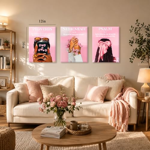 CXQILVER Pink Christian Canvas Wall Art Set of 3, Inspirational Scripture Wall Decor Trendy Black Girl Bible Verse Poster Pink Bow Floral Prayer Artwork for Girls Bedroom Living Room 12x16in Framed - color: Pink Black Girl, size: 16"L x 12"W