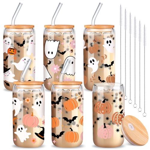 SiliFine 6 Pcs Halloween Glass Cups, 16 oz with Lids and Straws - style: Pumpkin