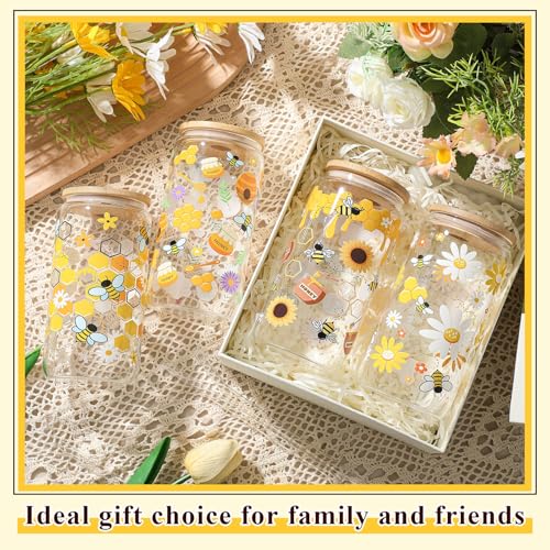 Mumufy 4 Pack Honey Bee Floral Glass Cup, 16 oz Tumbler Mug with Bamboo Lid - style: Honey Bee Floral