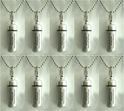 Pasco Specialty Products Set of TEN Classic Brushed Silver ANOINTING OIL HOLDER/Vial Necklaces with ENGRAVED BLESSING - Includes Velvet Pouches, Ball-Chains & Funnel