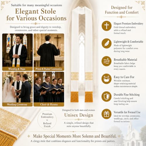 FAD-4U Catholic Clergy Stole with Embroidery Stole Priest Mass Stole Pastor Stole - color: White