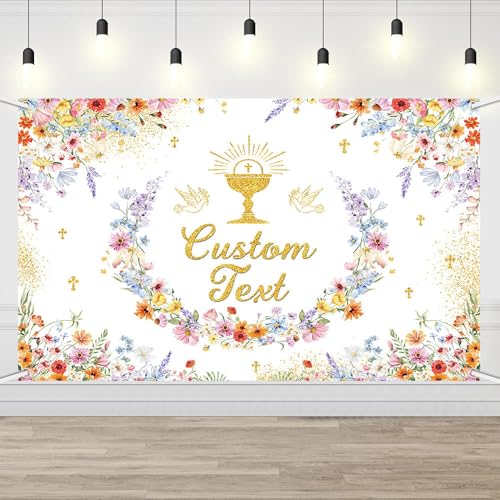 AIBIIN Wildflower First Holy Communion Custom Backdrop Mi Primera Comunión Personalized Party Banner Elegant Floral Baptism Background Gold Chalice Cross Party Decoration 6x3.6ft - color: Wlidflower Custom, size: 6x3.6ft
