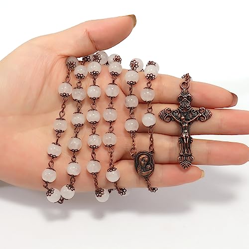 Nazareth Store Natural Stone Beads 8mm Rosary Necklace Antique Copper Design Holy Soil Medal & Cross in Velvet Bag - Catholic Rosaries Terra Santa Jerusalem Collection - color: Clear Agate