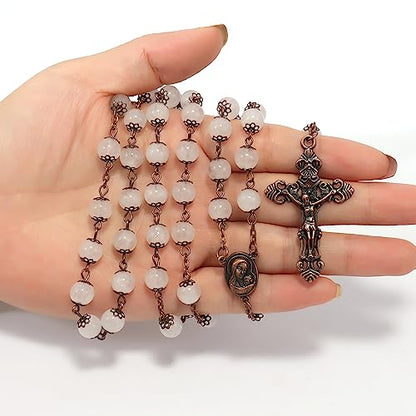 Nazareth Store Natural Stone Beads 8mm Rosary Necklace Antique Copper Design Holy Soil Medal & Cross in Velvet Bag - Catholic Rosaries Terra Santa Jerusalem Collection - color: Clear Agate
