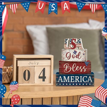 Britimes Tiered Tray Decor Set, 4 Pack, Wooden, Patriotic 4th - style: Independence Day USA
