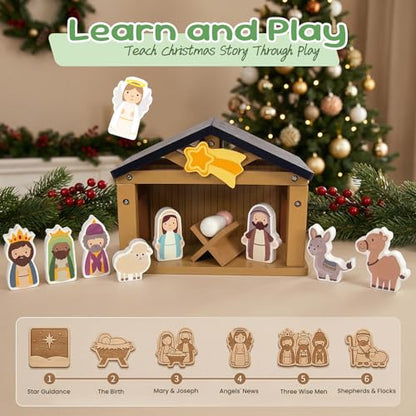 WOODENFUN Toy Nativity Set for Kids，Wooden Christmas Nativity Scene Miniature Holy Family Figurines Gifts for Children Boys Girls 3+ Years Old