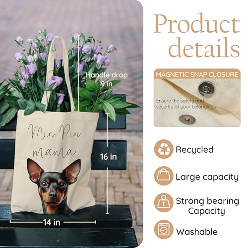 Dog Mom Canvas Tote Bag for Women, Reusable Cotton Shoulder Bag, Dog Lover Gift, Mother’s Day Pet Mom Shopping Tote - color: Min Pin