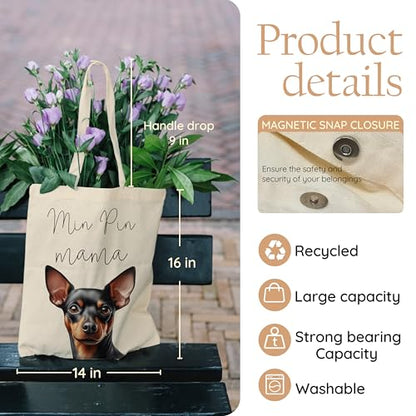 Dog Mom Canvas Tote Bag for Women, Reusable Cotton Shoulder Bag, Dog Lover Gift, Mother’s Day Pet Mom Shopping Tote - color: Min Pin