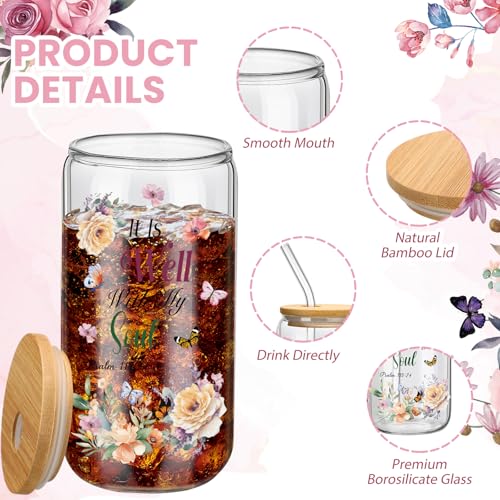 Teenyyou 12 Set of Christian Gifts for Women Bible Verse Glasses Tumbler with Bamboo Lid and Glass Straw 16oz Inspirational Religious Coffee Cup for Back to School Teacher Appreciation Gifts - style: Christian