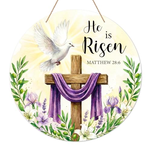 SICOHOME He is Risen Door Sign - 11.5" Christian Cross Sign Easter Wreath Front Door Decoration - Religious Easter Decorations for Home, Wall, Porach, Indoor Outdoor Farmhouse Party Spring - color: He is Risen 2