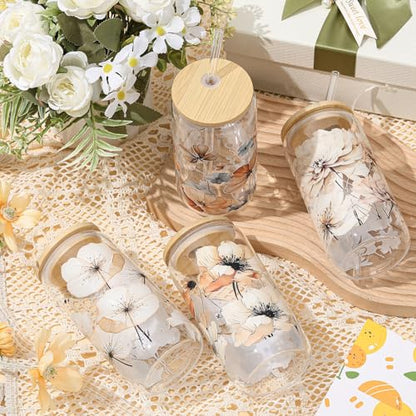 Mumufy 4 Pack Chinoiserie Flower Glass Cup 16oz Tumbler Mug with Bamboo Lid - style: Chinoiserie Flower