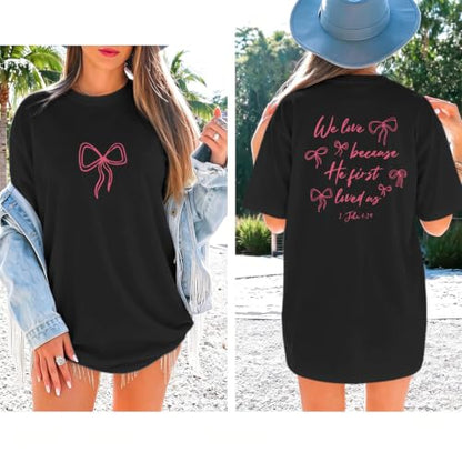 Christian Faith Bow Shirts for Women Cute Coquette Shirt Jesus Religious Tshirts Bible Verse Oversized Graphic Tee - color: Black, size: Small