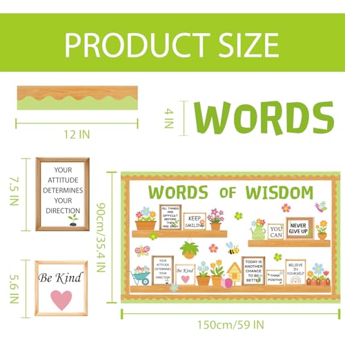 Spring Flower Bulletin Board Decorations Set Inspirational Bookshelf Classroom Decorations March April Floral Cutout Words of Wisdom Bulletin Decor with Border for Wall Door Library Home Office School - color: Words of Wisdom - Spring