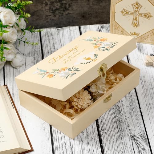 CroBlissful First Communion Wooden Box Keepsake Baptism Memory Box Gift 8.6 x 5.1 x 2.4 Inches First Holy Communion Jewelry Storage for Baptism Memory Keepsake(Floral) - style: Floral