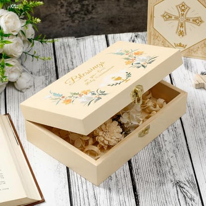 CroBlissful First Communion Wooden Box Keepsake Baptism Memory Box Gift 8.6 x 5.1 x 2.4 Inches First Holy Communion Jewelry Storage for Baptism Memory Keepsake(Floral) - style: Floral