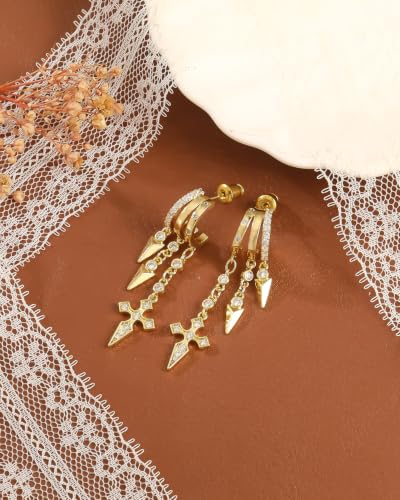 Dangle Earrings for Women Trendy Triple Huggie Hoop Stud Earring - color: F. Cross