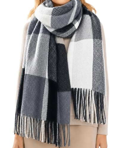 Loritta Winter Scarf for Women, Long Plaid Shawl Wraps Scarves Gifts - color: Q-dark Grey White Lattice