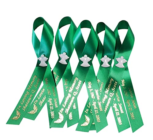 Personalized Memorial Service Funeral Ribbon Pins 20 Cross Religious Celebration of Life Custom Made Awareness Remembrance Anniversary Death Cross Sympathy Name Angel - color: Green