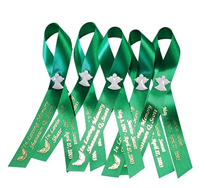 Personalized Memorial Service Funeral Ribbon Pins 20 Cross Religious Celebration of Life Custom Made Awareness Remembrance Anniversary Death Cross Sympathy Name Angel - color: Green