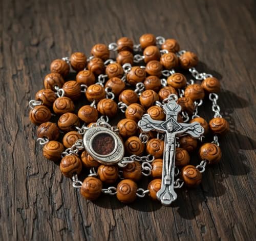 Nazareth Store Natural Olive Wood Rosary Beads Hand Carved Five Decade Catholic Rosary with Jerusalem Holy Soil Medal and Cross Terra Santa Rosaries