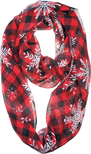 VIVIAN & VINCENT Gift Wrapped Fall Winter Soft Lightweight Holiday Sheer Infinity Christmas Scarf for Women Girls - color: Plaid Snowflake Red