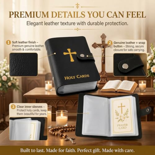 Catholic Faux Leather Holy Prayer Card Holder–pocket Organizer with 54 Cards Snap Closure for Mass Funeral Daily & Religious and Memorial Use Gifts Carrying Each Case Bag Closet Essentials